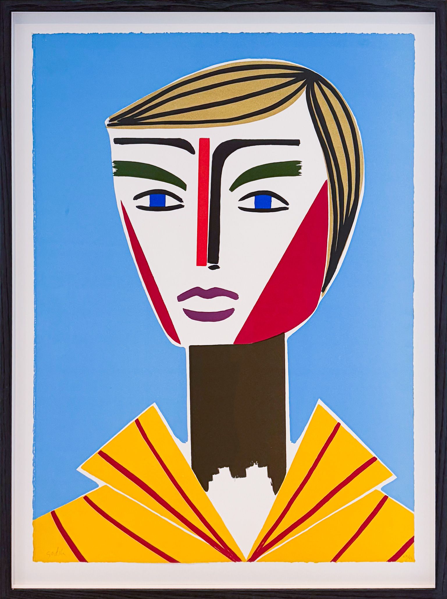 Henrik Godsk’s Traveller with a Yellow Shirt, a stylized portrait in a yellow garment against a bright blue background.